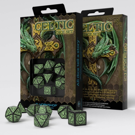 Celtic 3D Revised Black & green Dice Set (7)