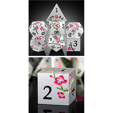 Metal & Enamel Dice Set (7) Sakura Silver & Pink